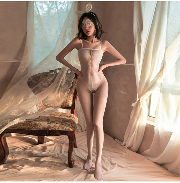 FEE ET MOI - Floral Faux Bodysuit Open-Crotch Bodystocking (White) FEE ET MOI - Floral Faux Bodysuit Open-Crotch Bodystocking (White)